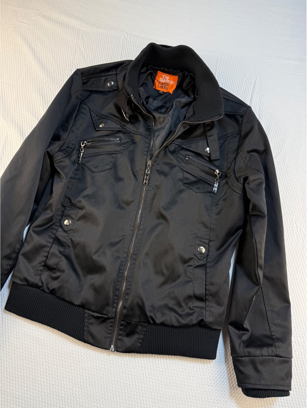 Superdry Orange Label Mens XL Black Moto Bomber Jacket Full Zip Biker